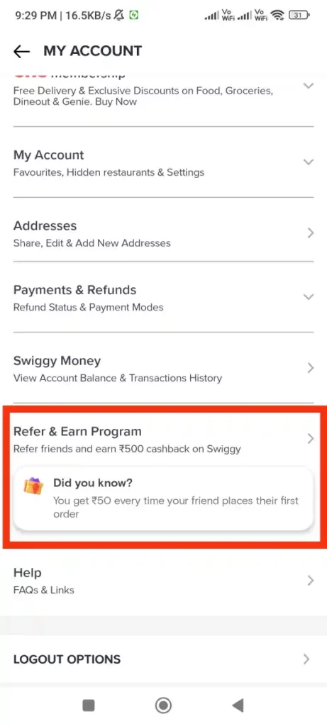 swiggy Refer & Earn Options