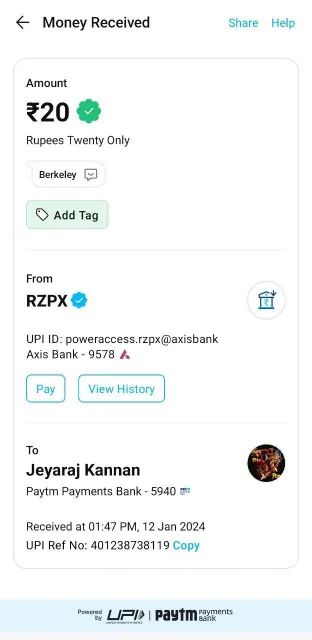 Berkley Rs.20 Cashback Proof